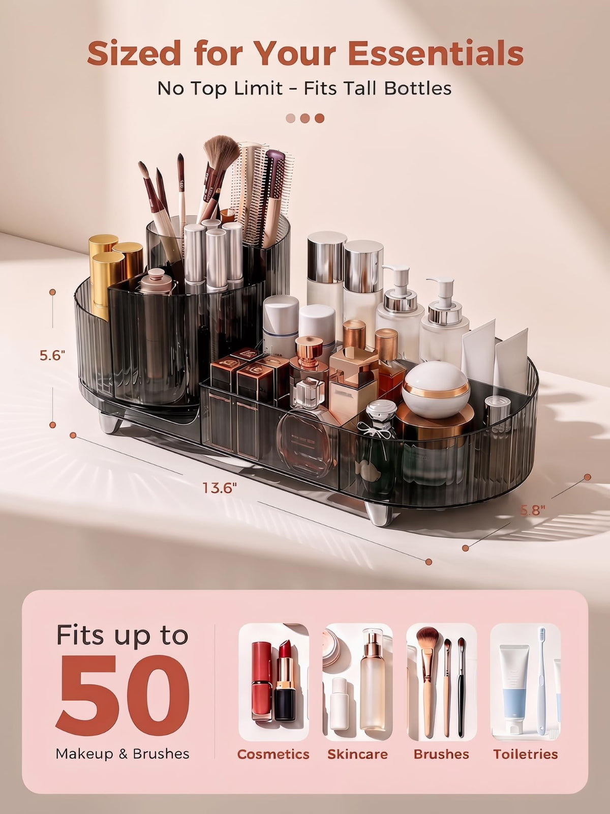 Booklov open compartments and rotating tray keep daily essentials visible.