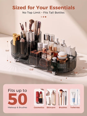 Booklov open compartments and rotating tray keep daily essentials visible.