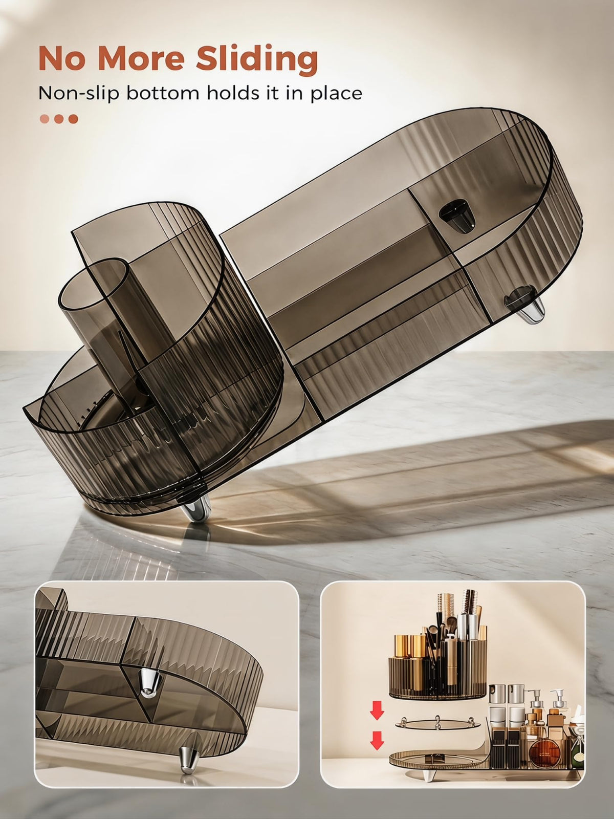 Booklov tall bottle-ready design fits large skincare bottles on your vanity.