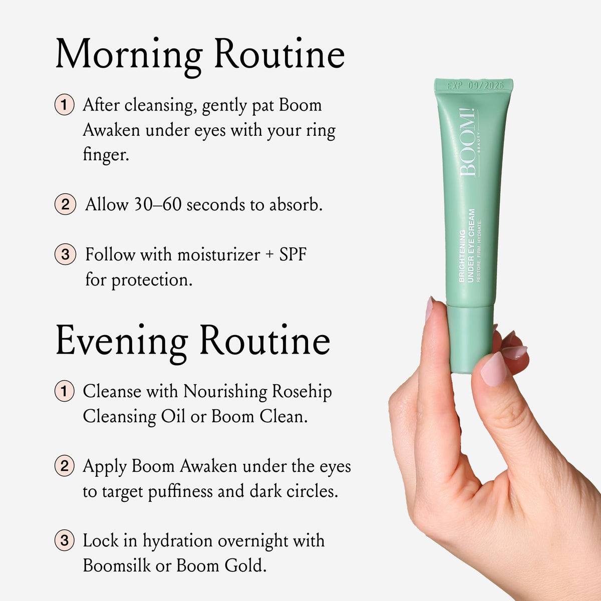 BOOM! Awaken hyaluronic acid hydrates and smooths the under-eye skin.