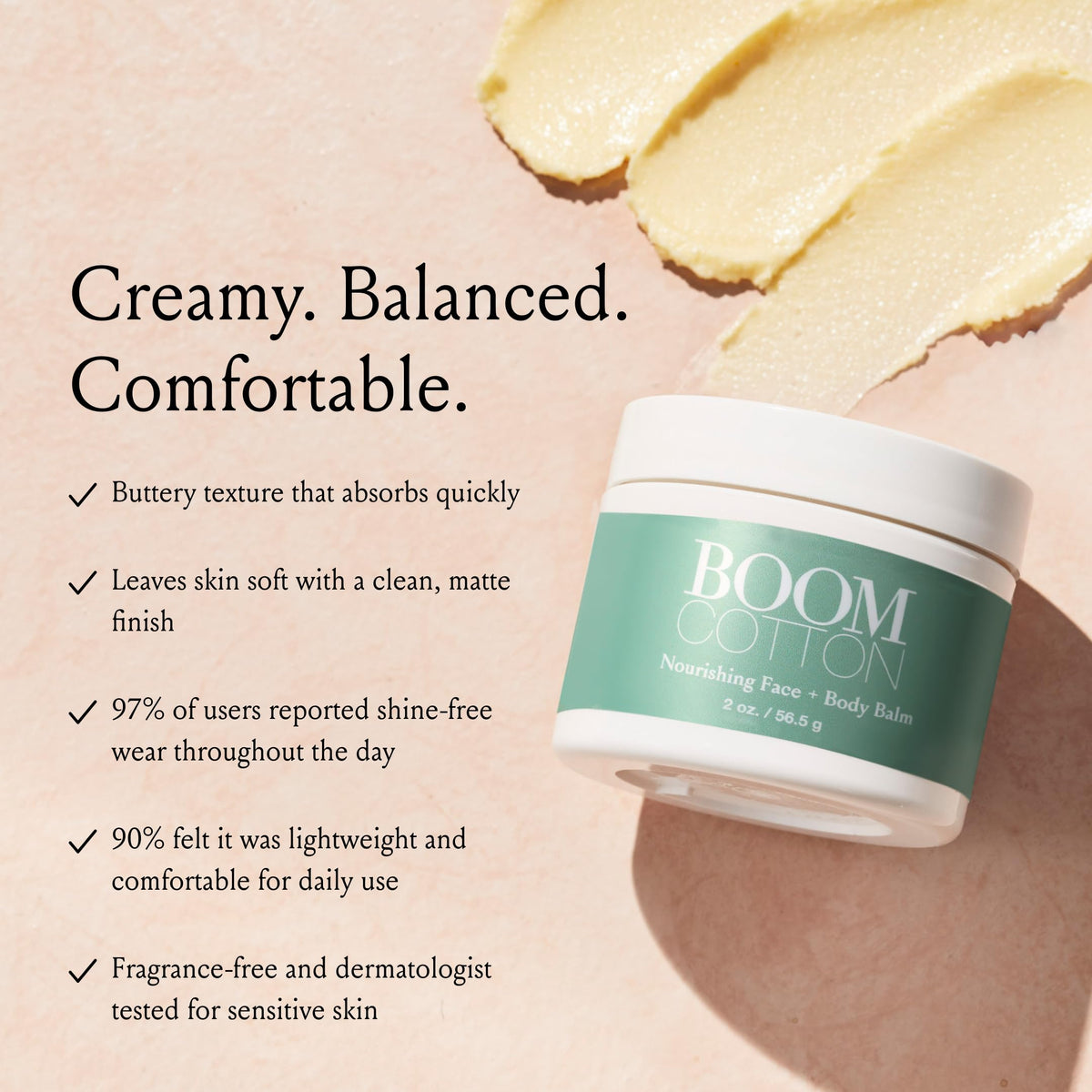 BOOM! Cotton Shine Control Moisturizer jar open view shows creamy, fast-absorbing texture