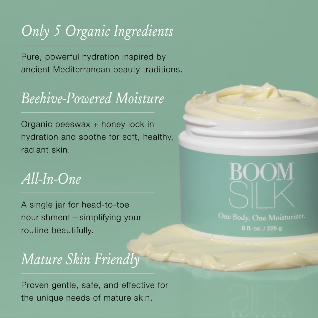 Close-up of Boomsilk ingredients olive oil, beeswax, and honey