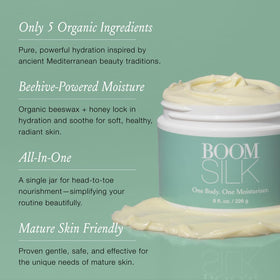 Close-up of Boomsilk ingredients olive oil, beeswax, and honey