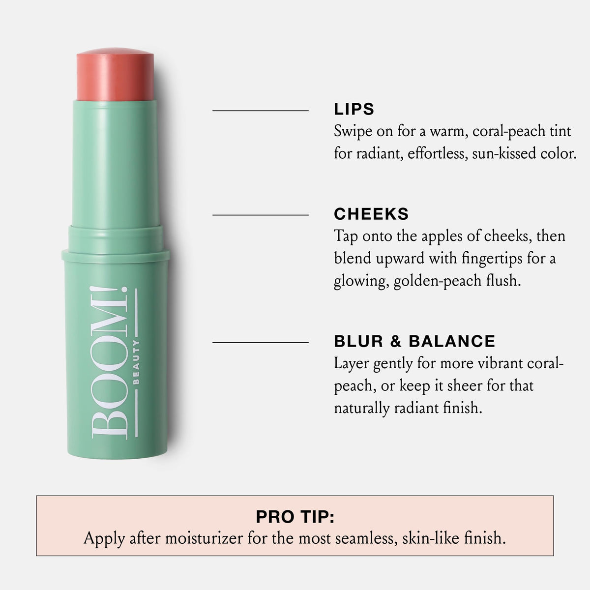 Boomstick Golden Peach on eyelids for soft dewy shimmer