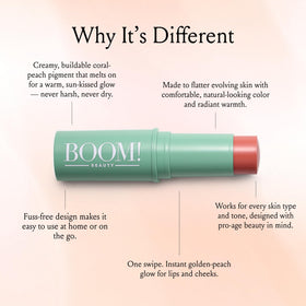 Boomstick Golden Peach on lips for hydrated coral-peach color