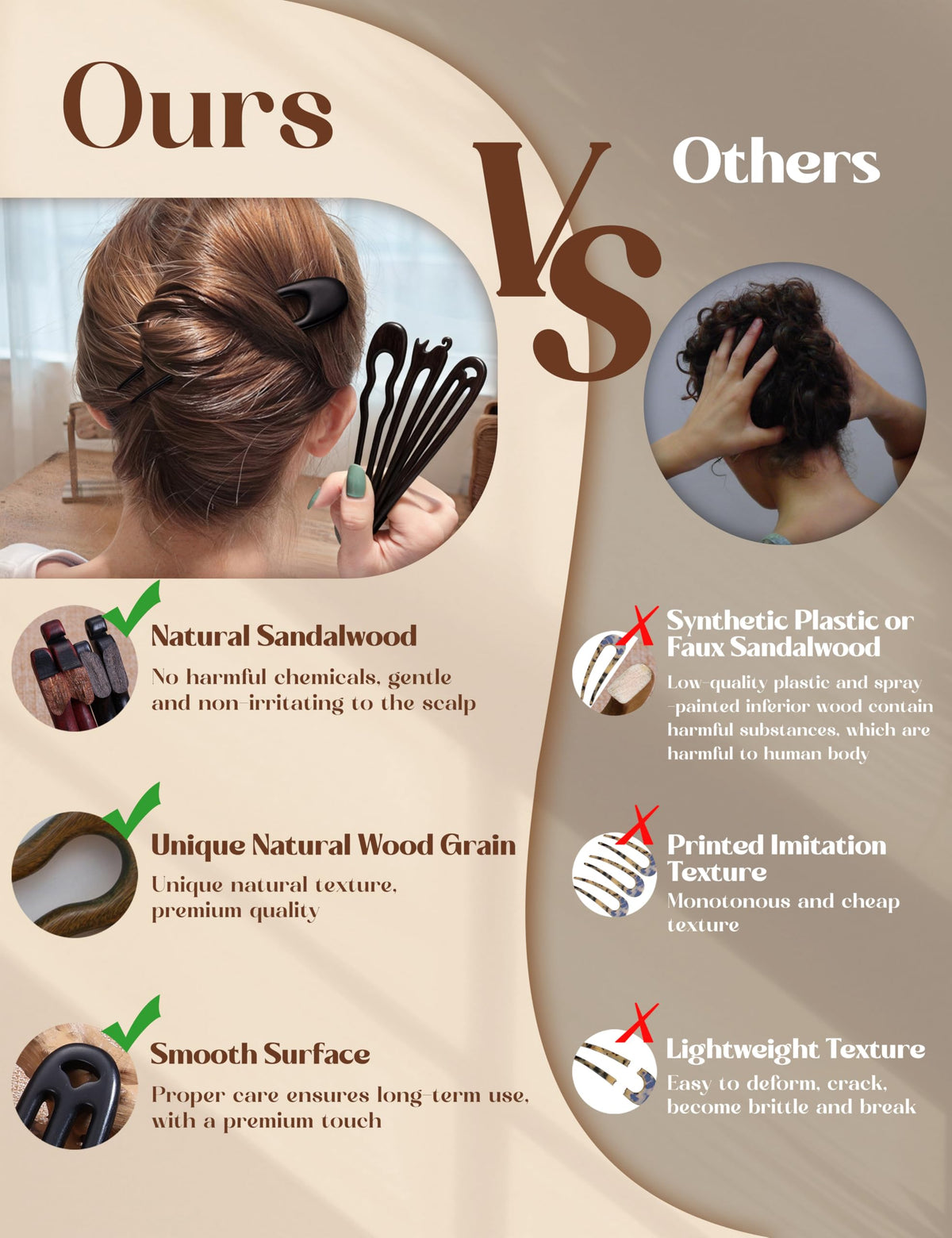 BootMoon sandalwood sticks show natural grain and gentle touch on hair.