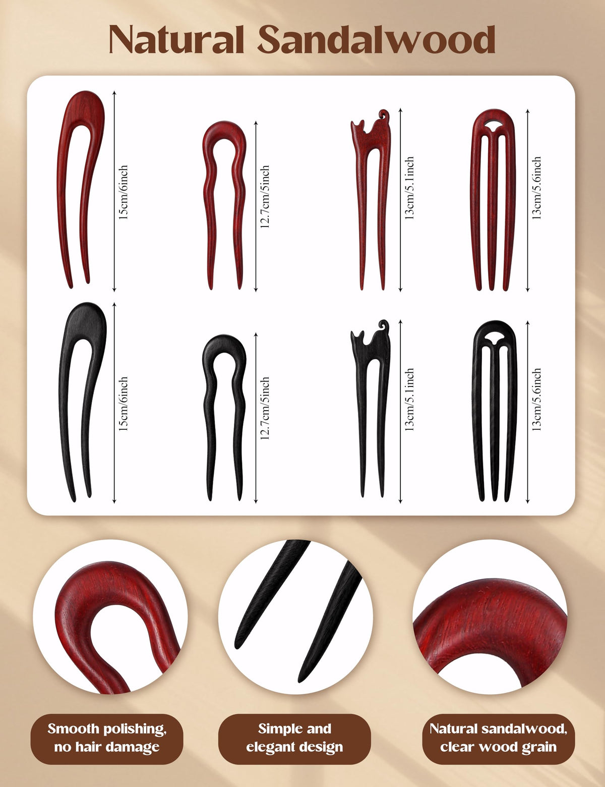 BootMoon wooden hair sticks 3-prong fork for secure, elegant chignons.