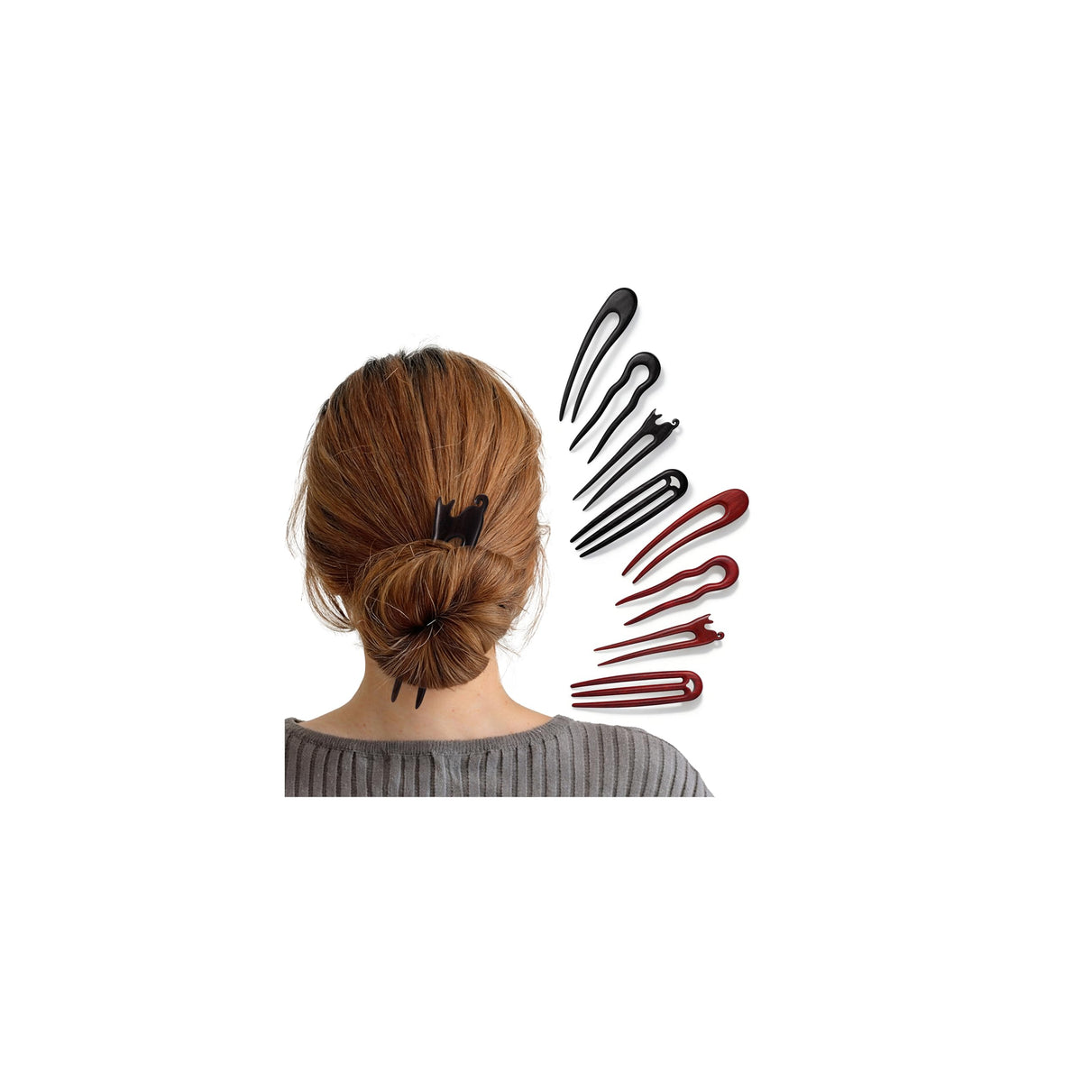 BootMoon wooden hair sticks collection with four bun styles for versatile updos.