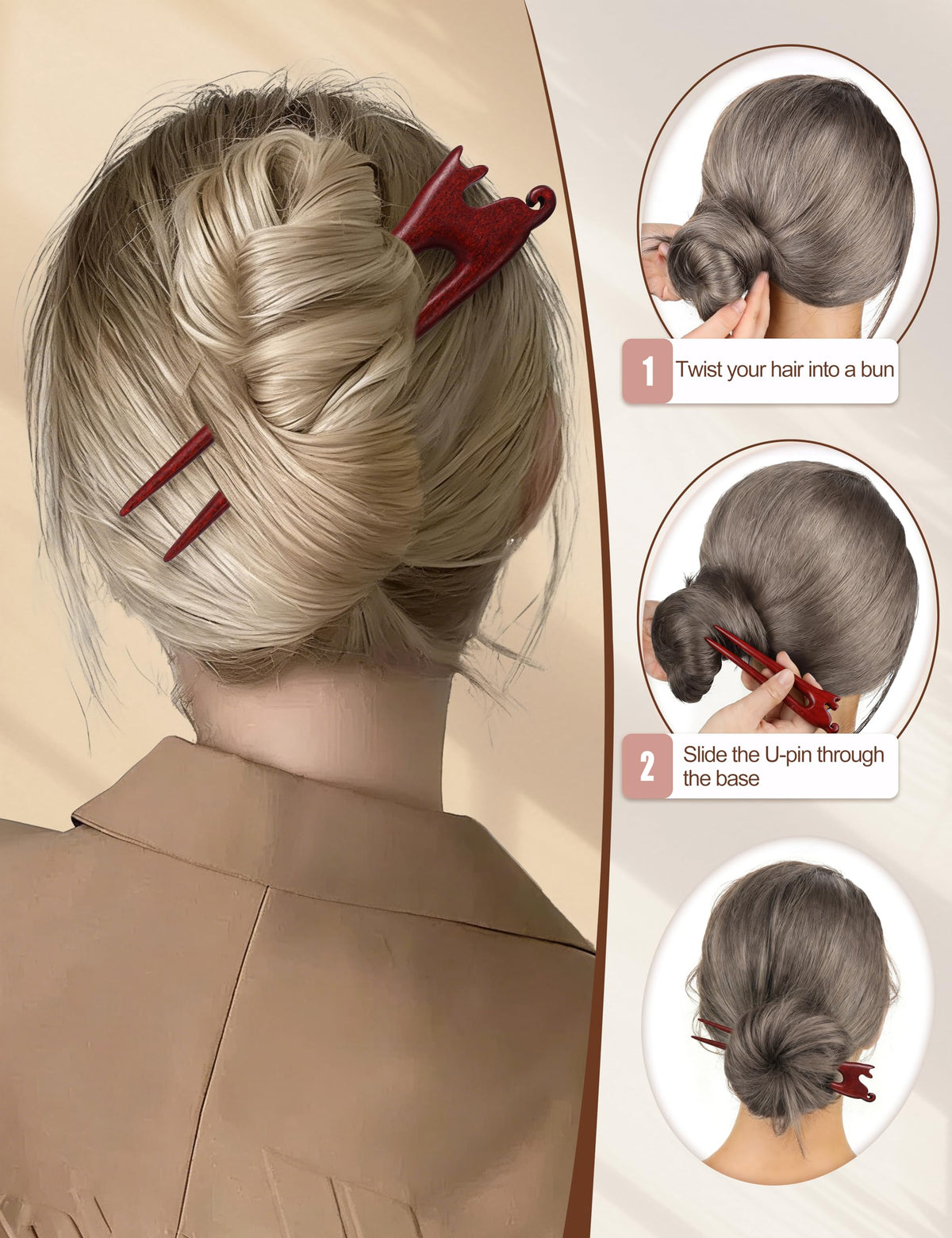 BootMoon wooden hair sticks U-shaped pins provide quick, chic holds.