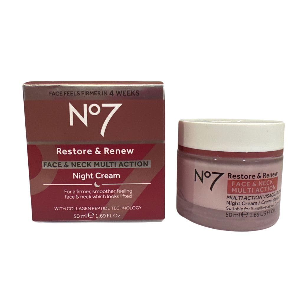 Boots No7 Restore and Renew Night Cream jar - luxurious texture for overnight hydration.