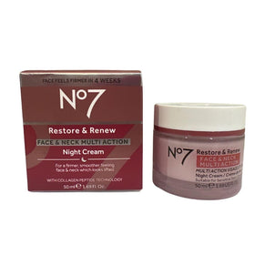Boots No7 Restore and Renew Night Cream jar - luxurious texture for overnight hydration.