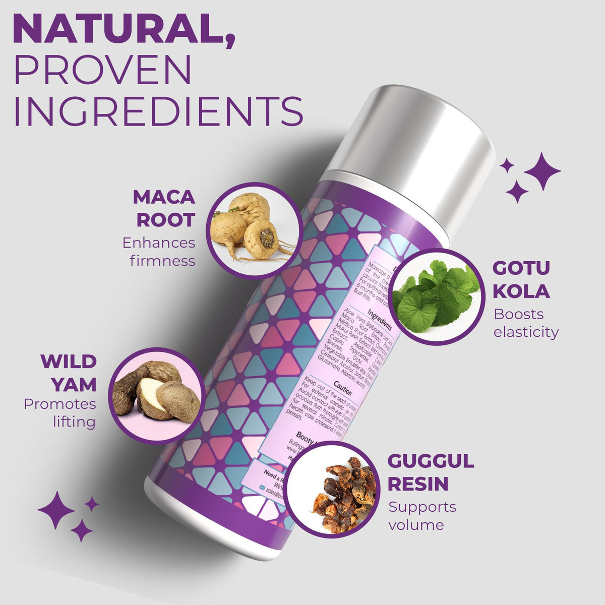 Ingredients layout featuring maca root and gotu kola in the formula.