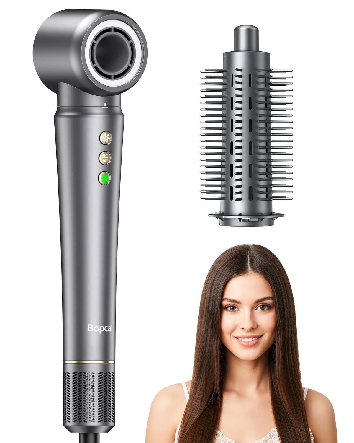 Bopcal 2-in-1 hair dryer brush front view for fast drying and sleek styling