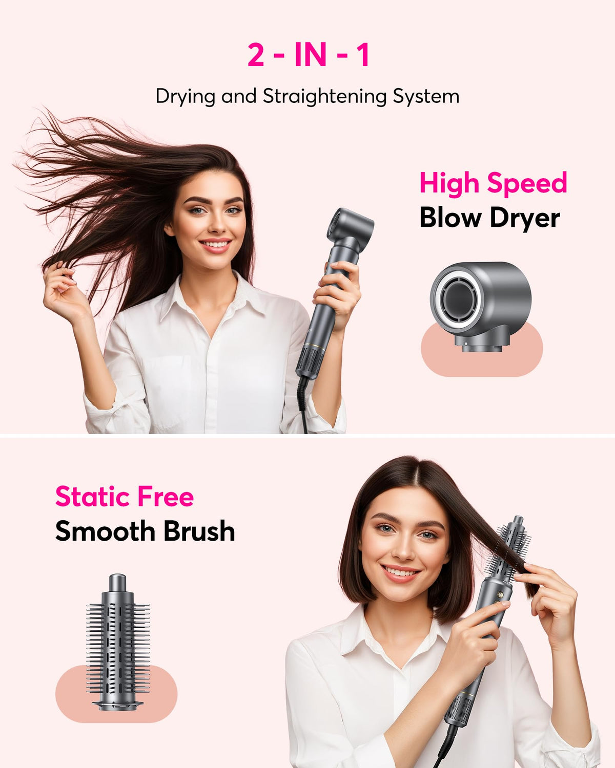 Bopcal 2-in-1 hair dryer brush highlighting ionic technology for frizz reduction