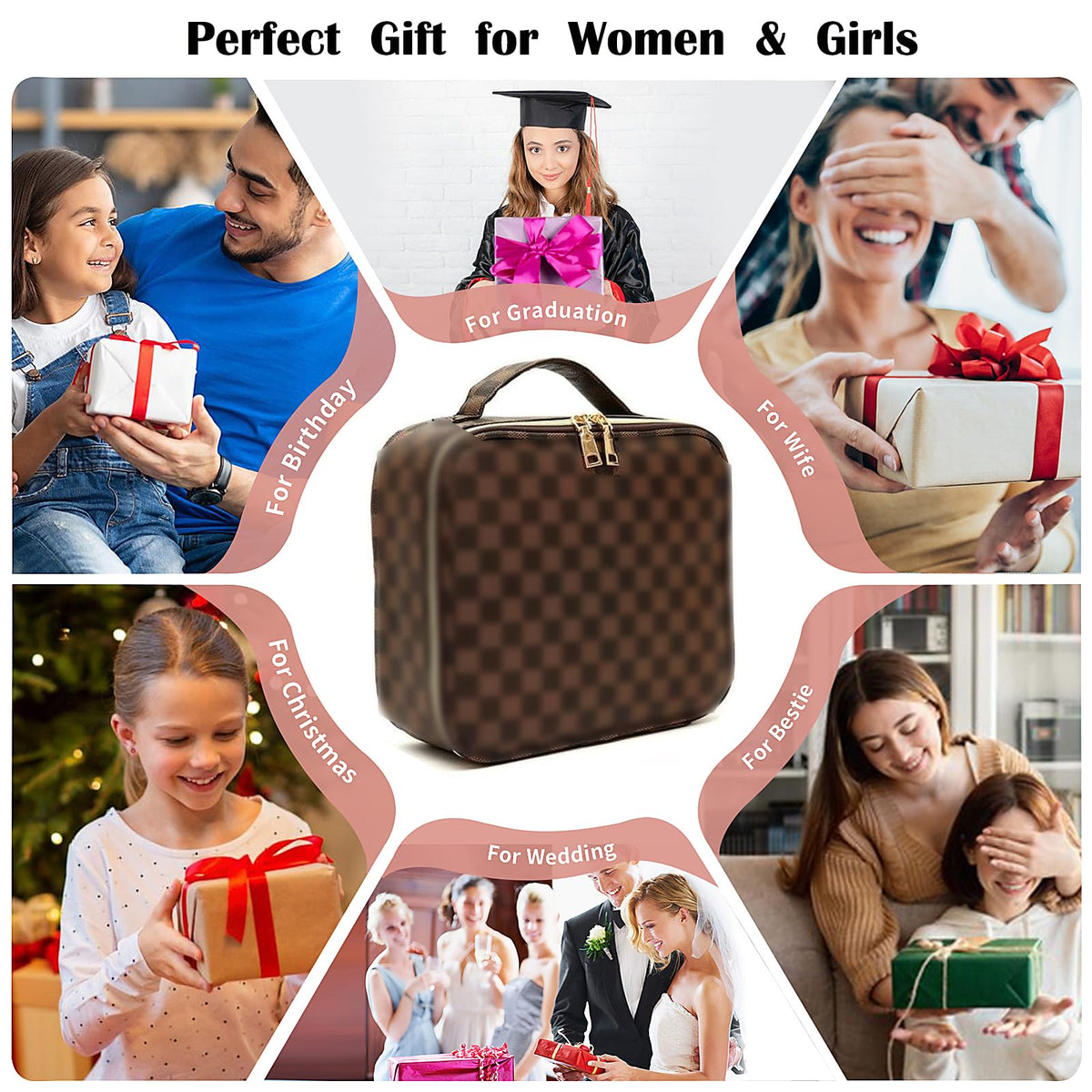 Bopomofo Checkered Makeup Bag open with divider demonstrates customizable storage for cosmetics.