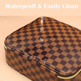 Bopomofo Checkered Makeup Bag waterproof PU leather surface resists stains during travel.