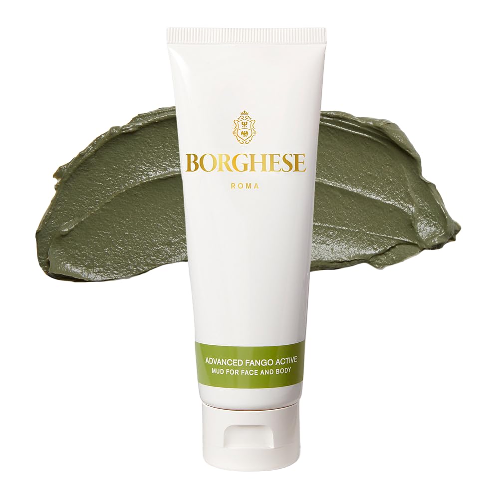 Borghese Advanced Fango Active Mud Musk bottle front shows portable spa treatment for refined pores.