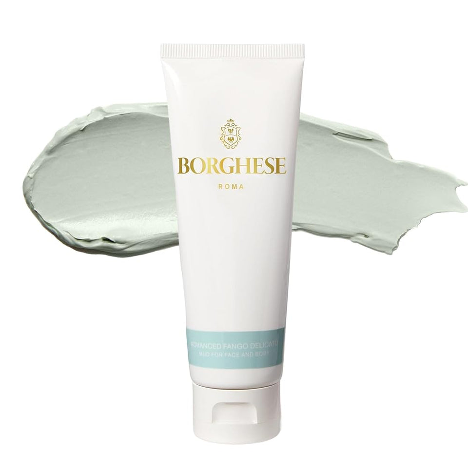 Borghese Advanced Fango Delicato mask application shows gentle cleansing for delicate skin.