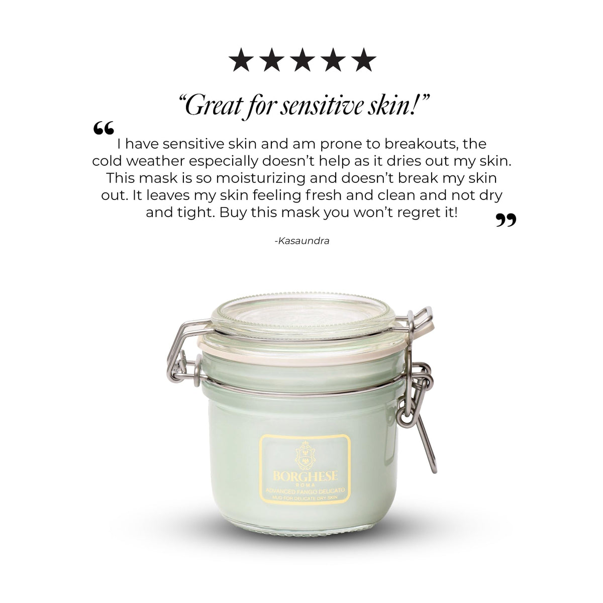 Borghese Advanced Fango Delicato mask ingredients featuring Kaolin clay and botanicals.