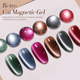 Closeup of Born Pretty retro cat magnetic gel set with six colors