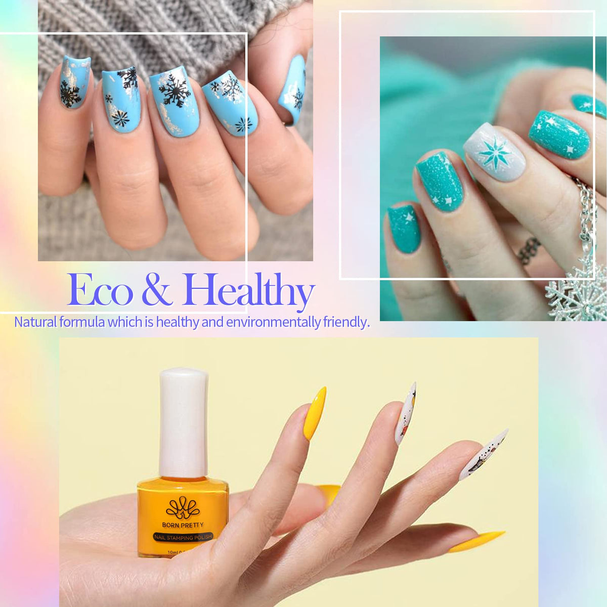 Born Pretty stamping polish on nails with a top coat for durability.