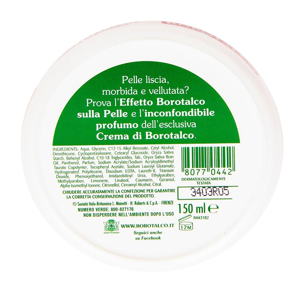 Borotalco nourishing body cream trio close-up shows silky texture for daily care.