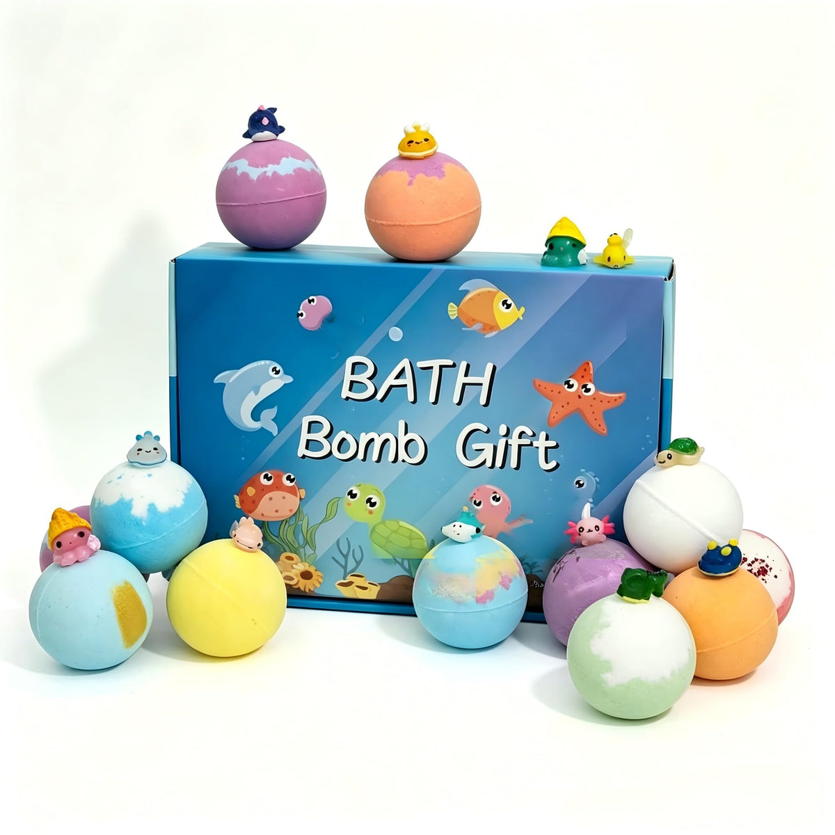 Boryaowang sea-animal bath bombs 12pc showcase vibrant colors for kids' bath time fun.
