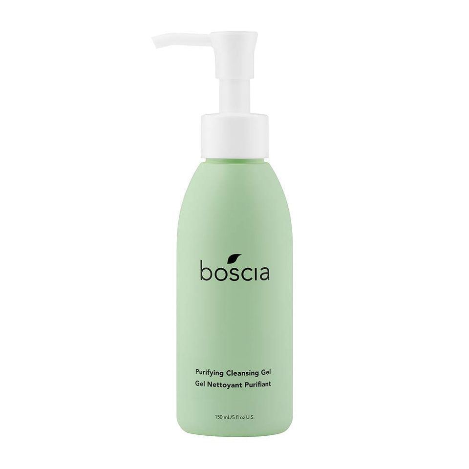 Boscia Purifying Cleansing Gel bottle front, gentle cleanse for all skin types and moisture balance.
