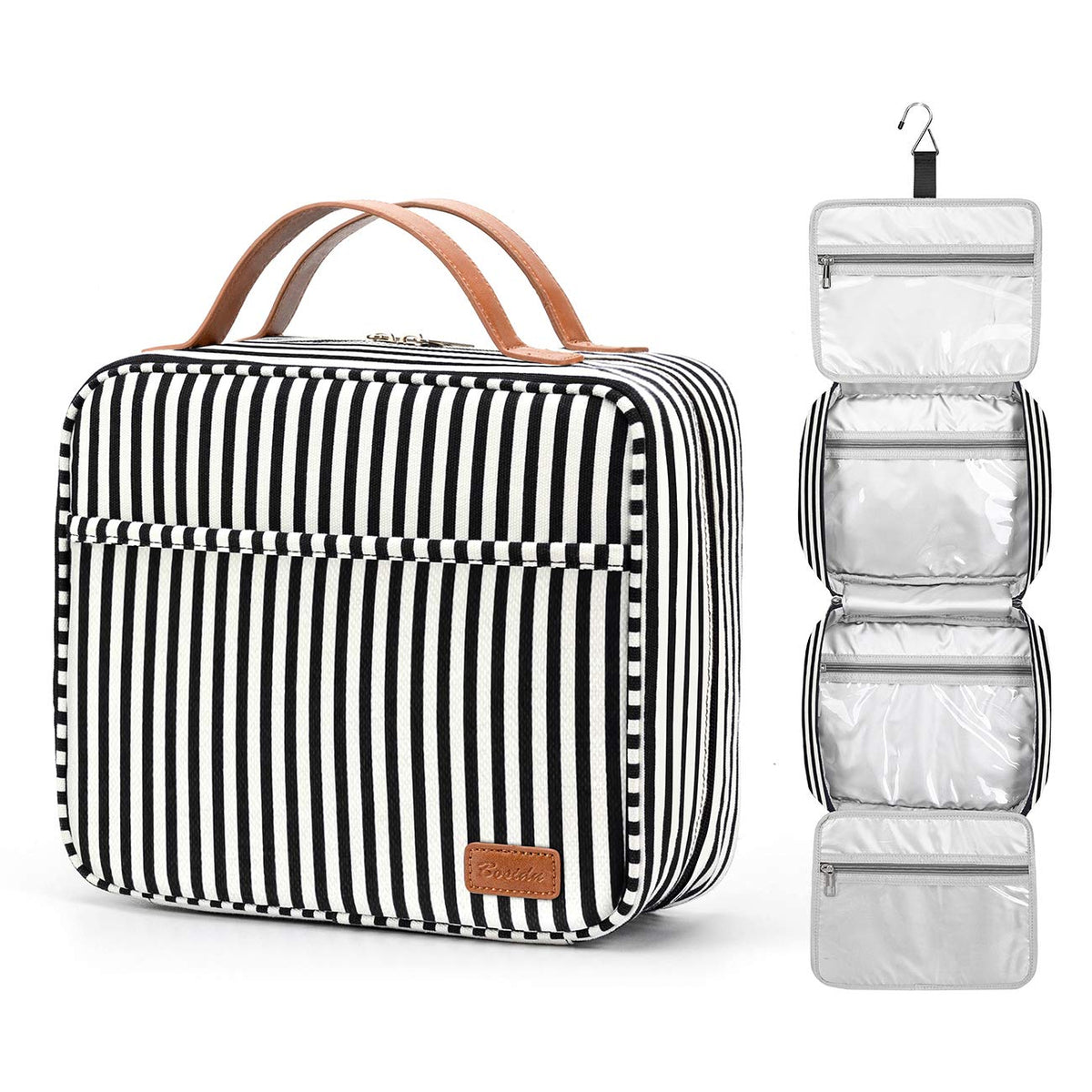 Bosidu hanging travel toiletry bag with side handle for easy access in hotel bathrooms