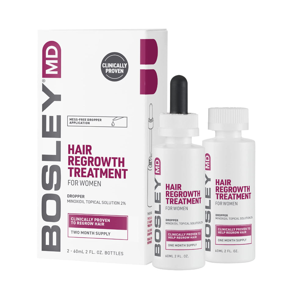 BosleyMD Minoxidil 2% bottle displayed for daily scalp care.