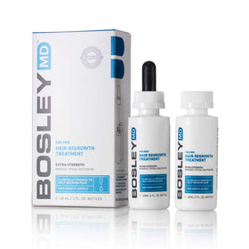BosleyMD Minoxidil bottle with precision dropper for targeted topical application.