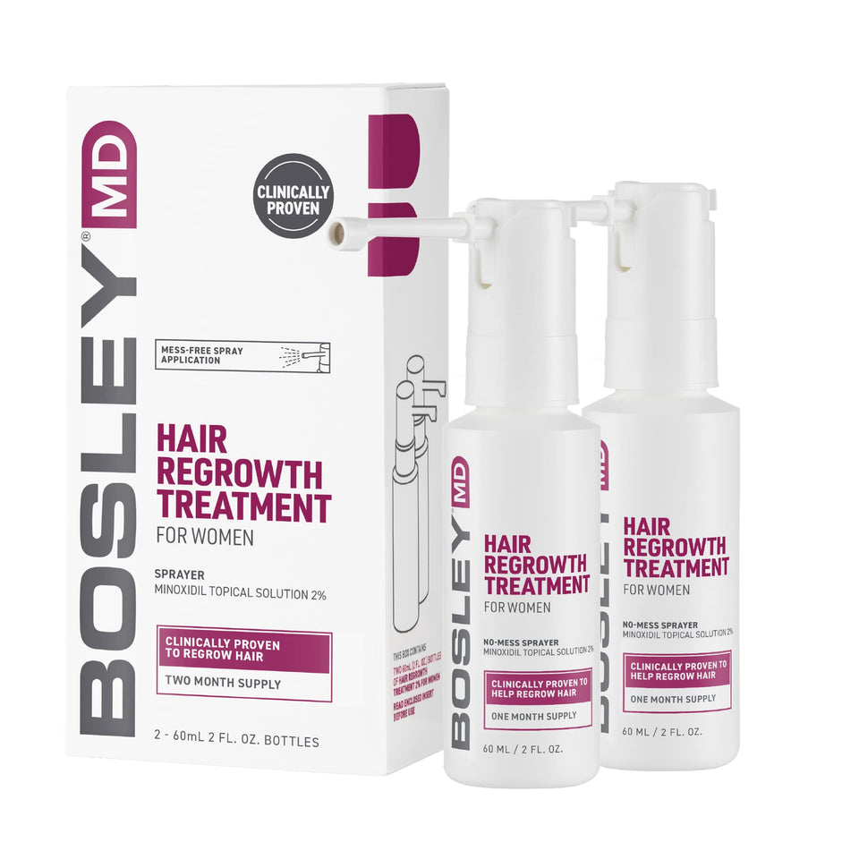 BosleyMD minoxidil spray bottle front for easy daily scalp application