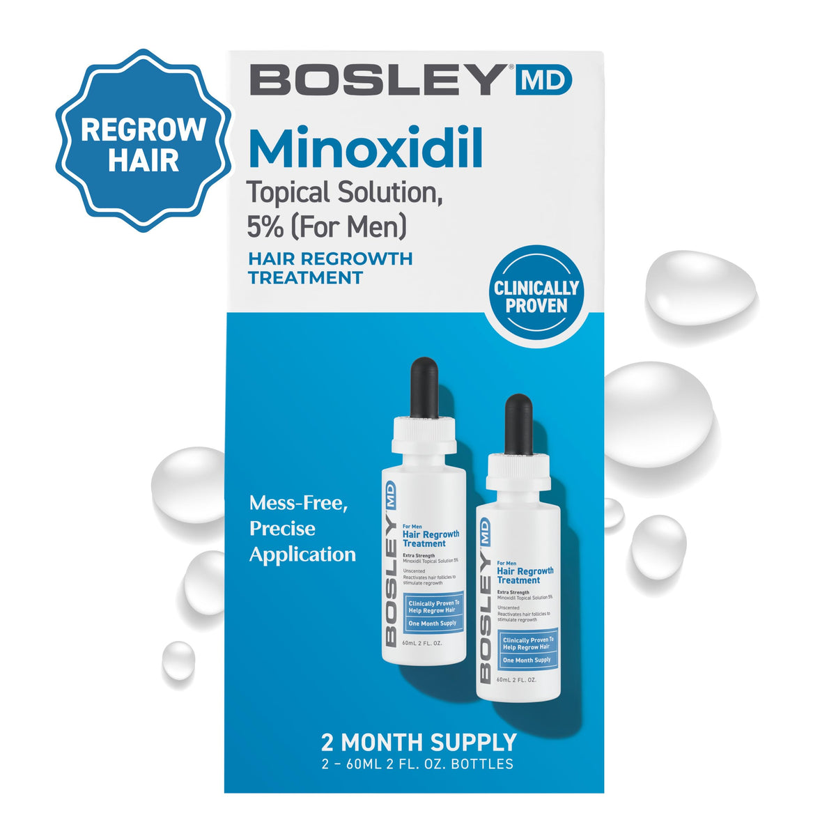 BosleyMD Minoxidil two-month supply bottle shown for convenient use.