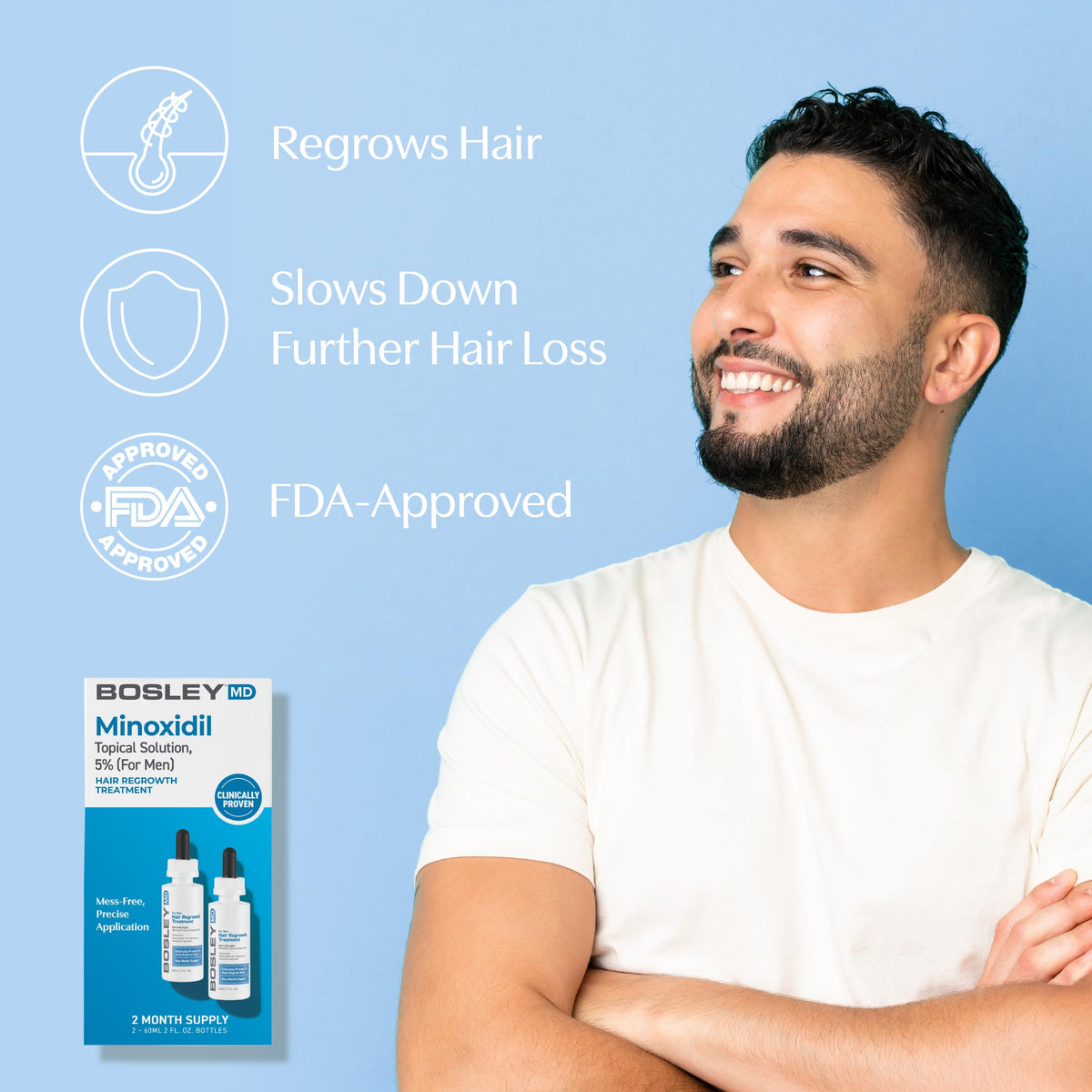 Close-up of BosleyMD product label highlighting vegan and sulfate-free details.