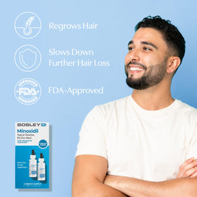 Close-up of BosleyMD product label highlighting vegan and sulfate-free details.