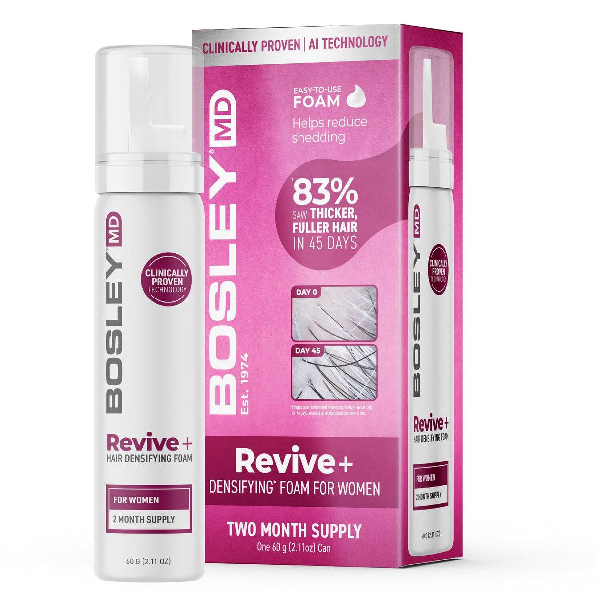 BosleyMD Revive+ foam bottle highlights potential for fuller-looking hair with a drug-free formula.