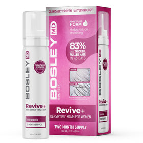 BosleyMD Revive+ foam bottle highlights potential for fuller-looking hair with a drug-free formula.