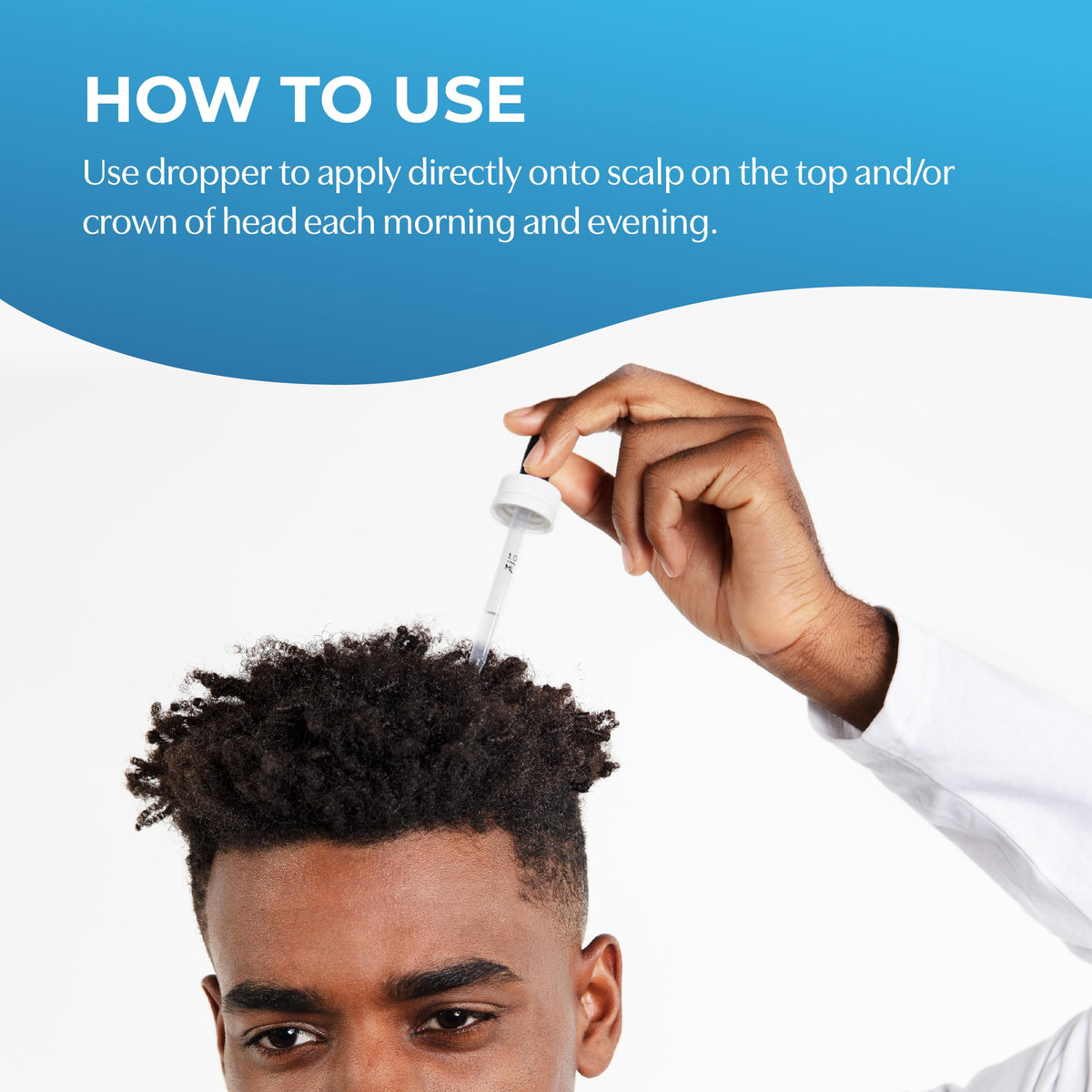 Topical solution being applied with a precision dropper on the scalp.