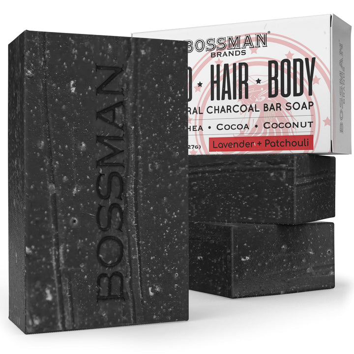 Bossman 3-pack lavender-patchouli soap bar for versatile grooming.