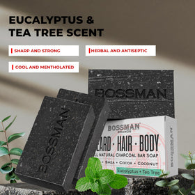 Bossman 4-in-1 soap bar shown with foam for shaving and cleansing.