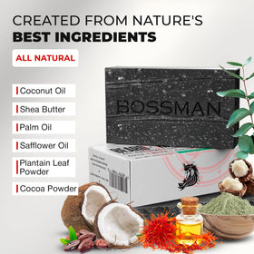Bossman 4-in-1 charcoal soap bar pack offers convenient grooming in one bar.