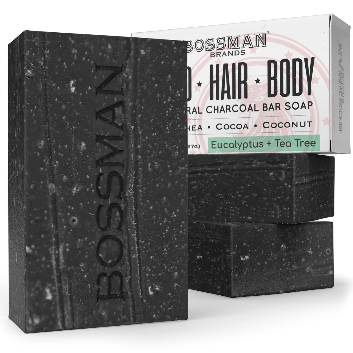 Bossman 4-in-1 charcoal soap bar unwrapped; natural ingredients for hydrated skin and hair.