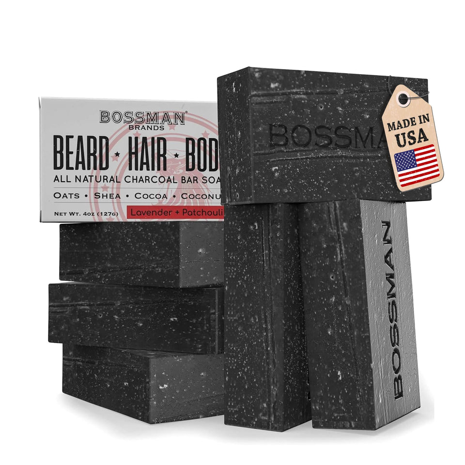 Bossman 6-Pack 4-in-1 Charcoal Soap Bar close-up for beard, hair, skin grooming.