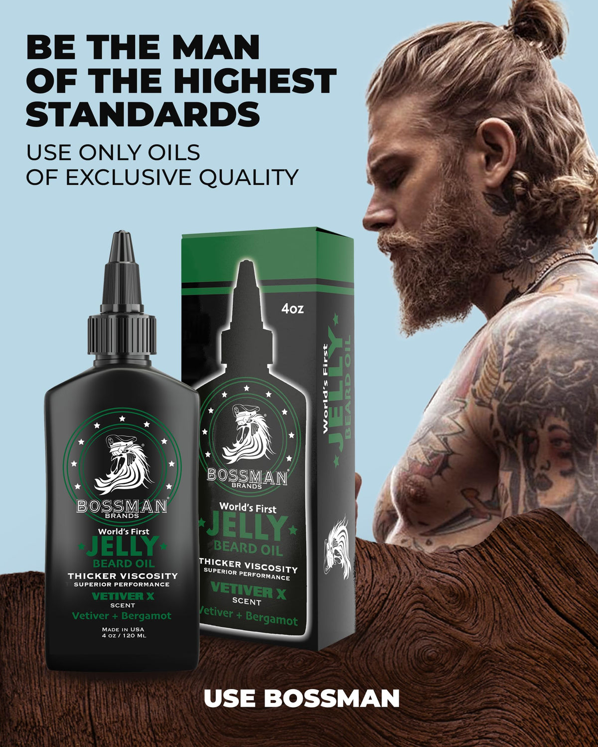 Bossman beard care kit close-up shows jelly, balm, and conditioner synergy