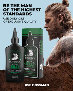 Bossman beard care kit close-up shows jelly, balm, and conditioner synergy