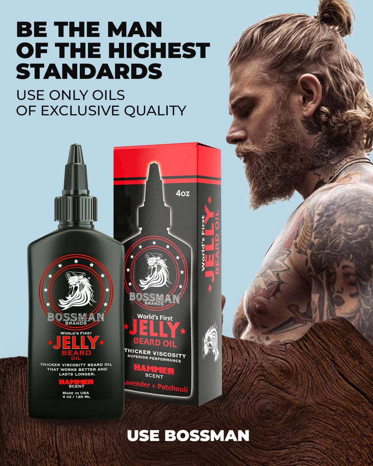 Grooming kit display with Bossman jelly oil, balm, and fortifying conditioner.