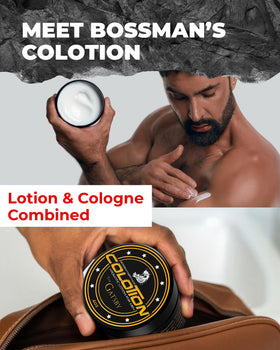 Bossman Colotion bottle close-up highlights The Gatsby scent and long-lasting fragrance