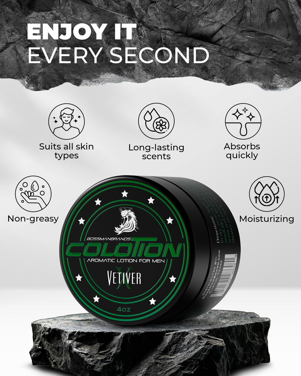 Bossman Colotion shea butter and coconut oil blend nourishes skin.