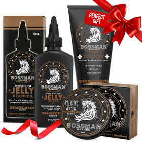 Bossman Essentials Beard Jelly Oil in use for nourishing, fuller beard.