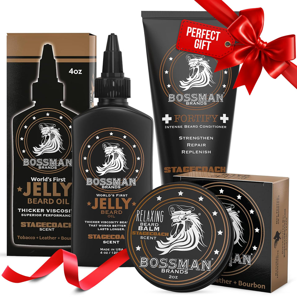 Bossman Essentials Beard Jelly Oil in use for nourishing, fuller beard.